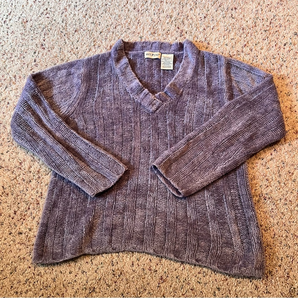 Purple V-Neck Cable Knit Sweater